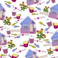 Seamless pattern of gardening tools, pansies, garden house and text. My favorite dacha.